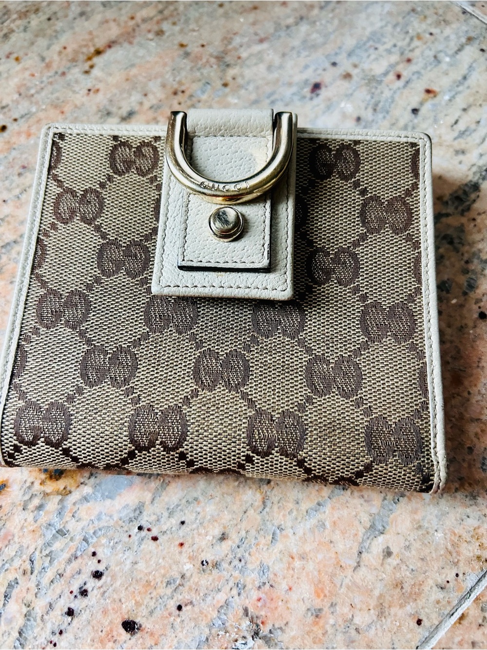 Gucci Beige and Brown GG Canvas Wallet with Gold-Tone Hardware